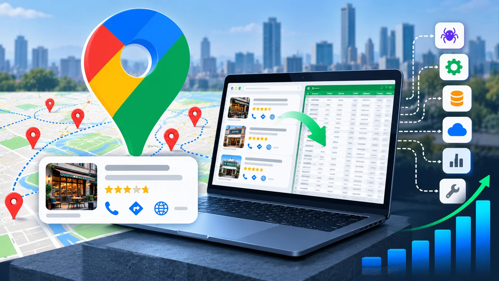 Google Maps business listing being scraped and exported into a spreadsheet with scraping tool icons