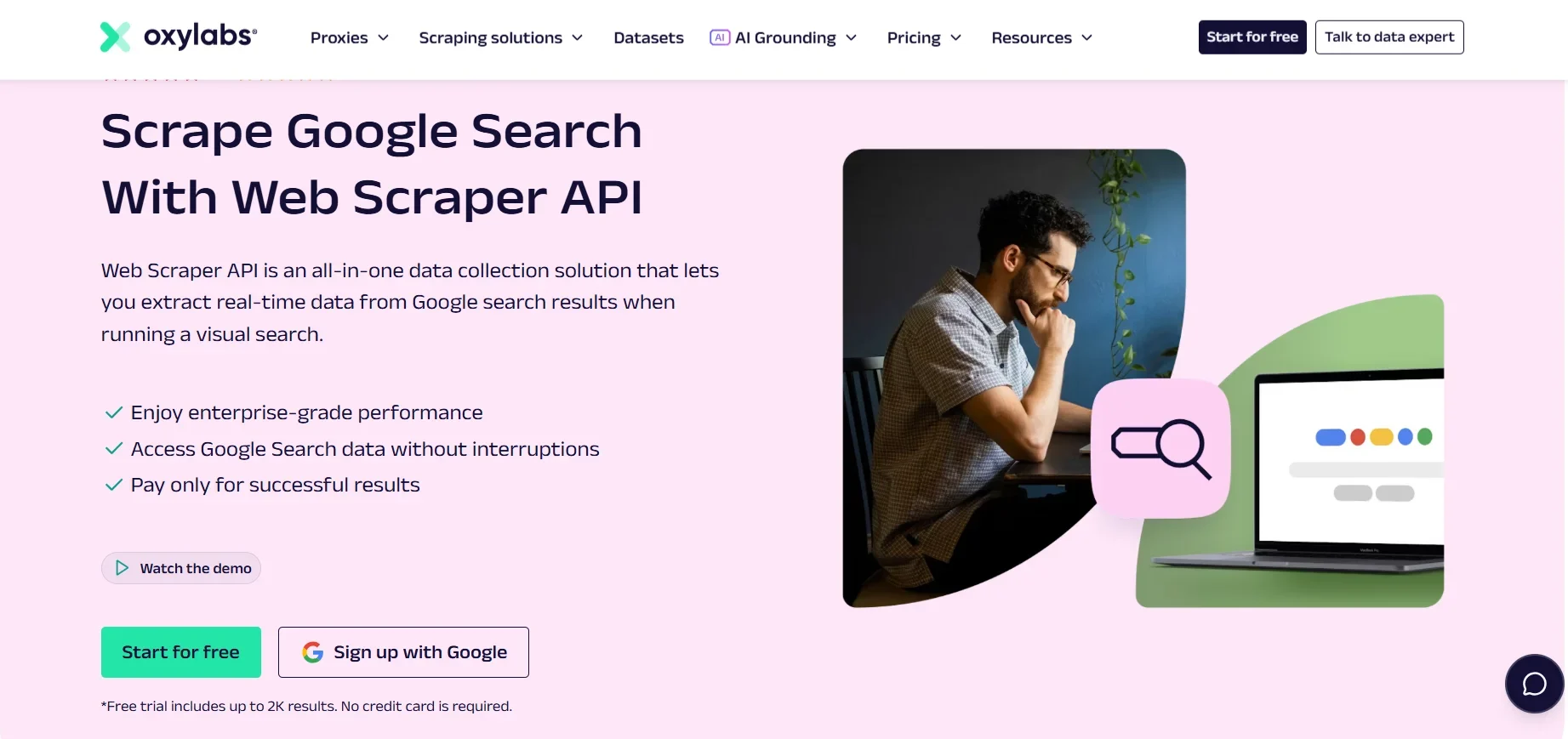 Oxylabs Web Scraper API page for scraping Google Search and Maps results