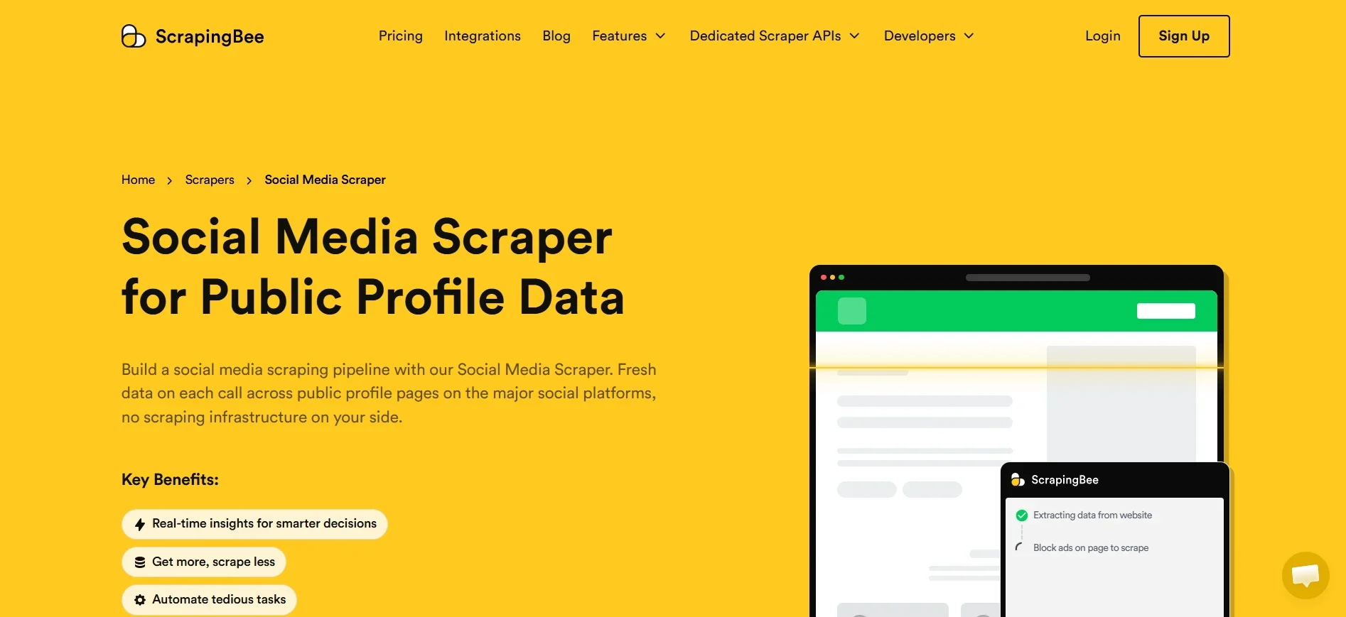 ScrapingBee Social Media Scraper page for extracting public Instagram profile data without managing infrastructure