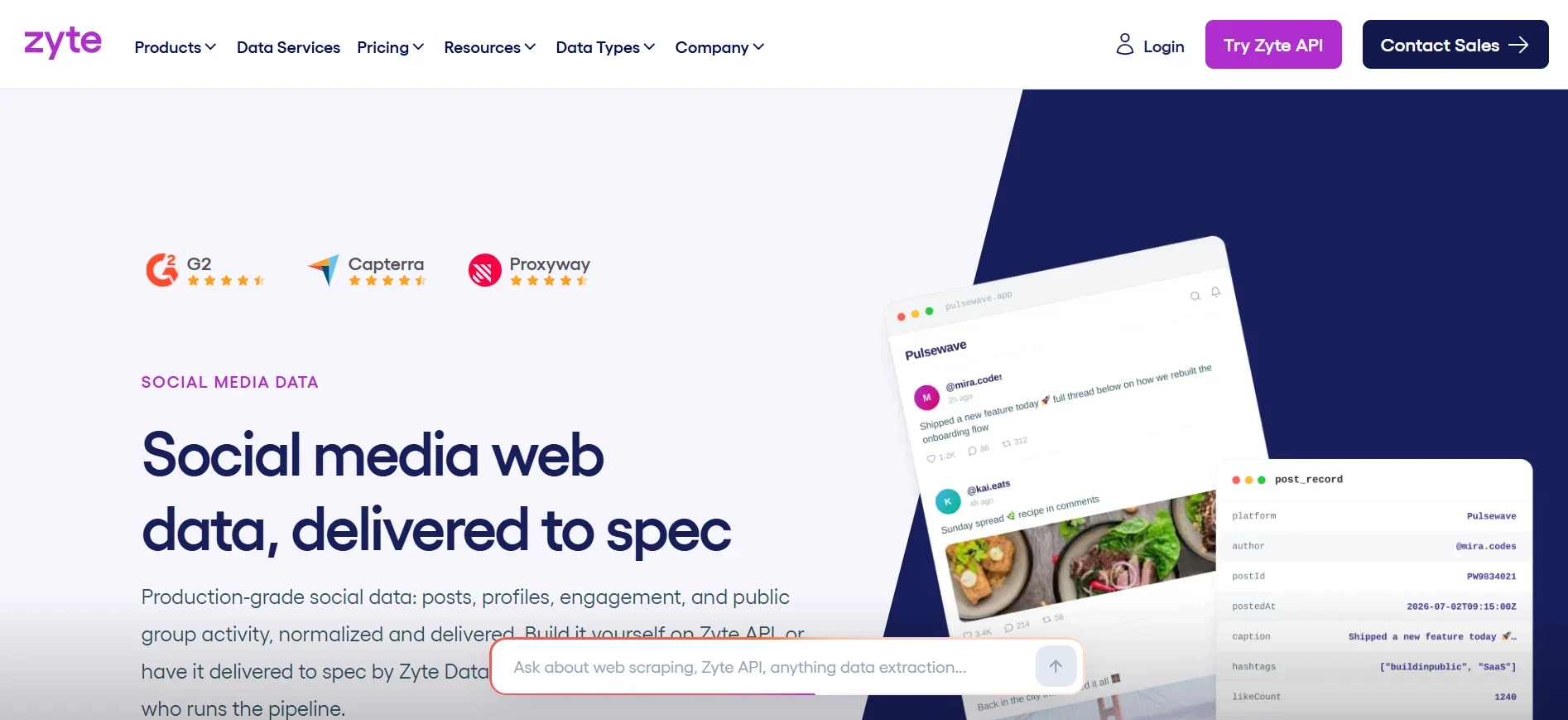 Zyte social media data page showing structured Instagram post, profile, and engagement data delivery