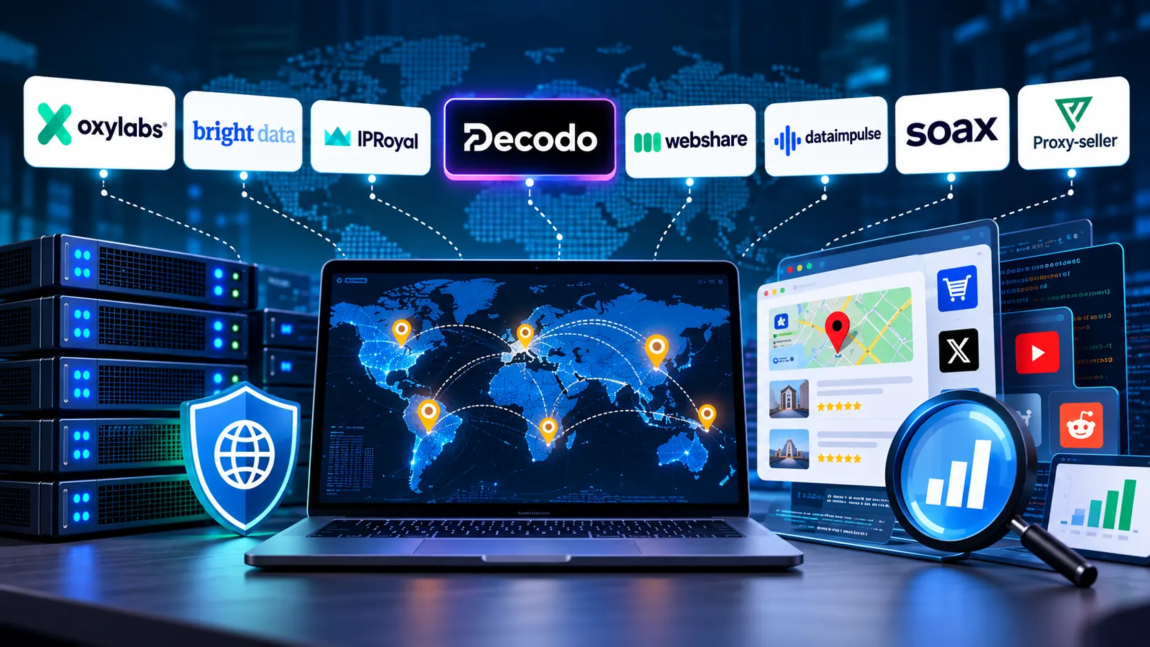 Best Decodo alternatives compared, featuring Oxylabs, Bright Data, IPRoyal, Webshare, DataImpulse, SOAX, and Proxy-Seller for web scraping and proxy services.